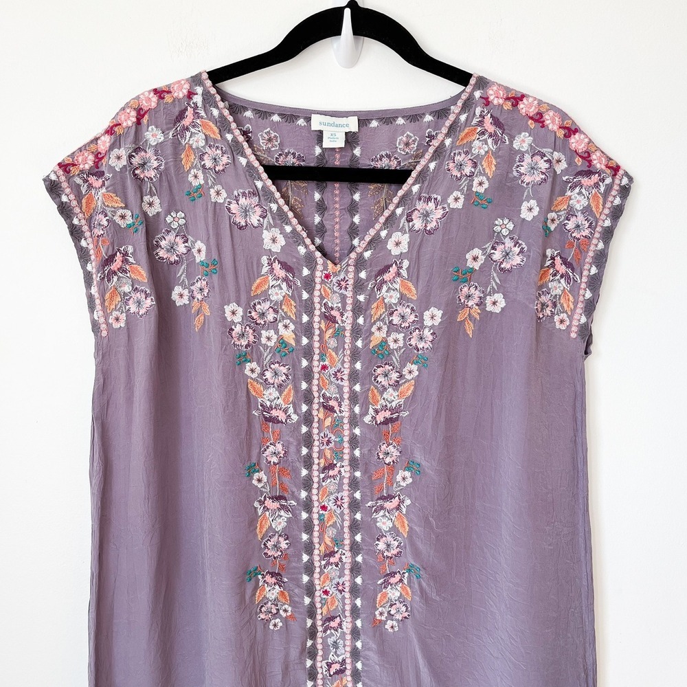 Sundance Ayla Purple Floral Embroidered V Neck Crinkle Shift Dress Womens XS - Picture 3 of 13